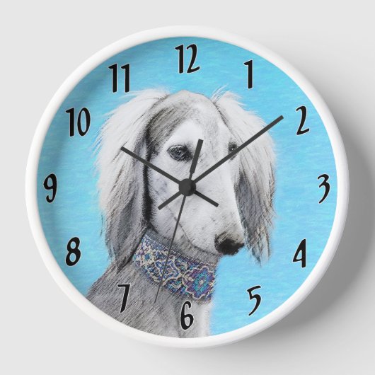 Saluki (Silver) 絵画's – かわいいオリジナルドッグアート 壁時計 (正面)