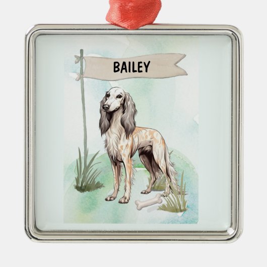 Saluki Watercolor Personalized Dog メタルオーナメント (正面)