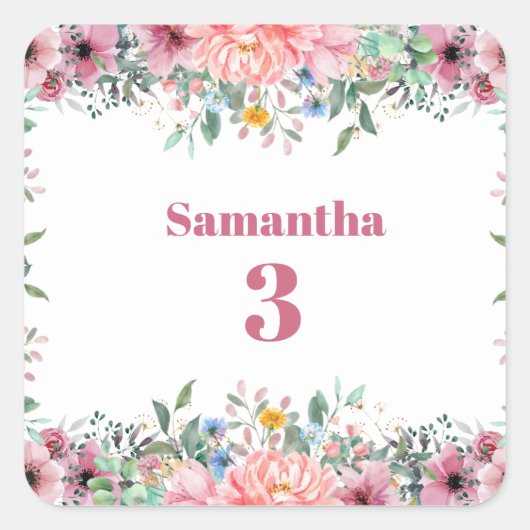 Samantha Floral Stickers, Watercolor Wildflowers  スクエアシール (正面)