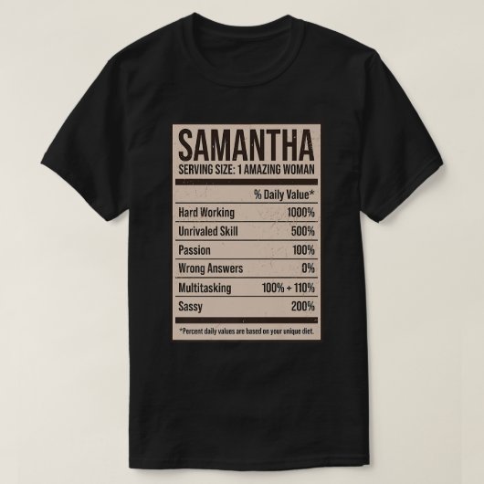 Samantha Nutrition Facts Nameニックネーム別名タイトル Tシャツ (デザイン正面)