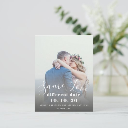 Same Love Hand Lettered Script Photo Save the Date ポストカード (スタンド正面)