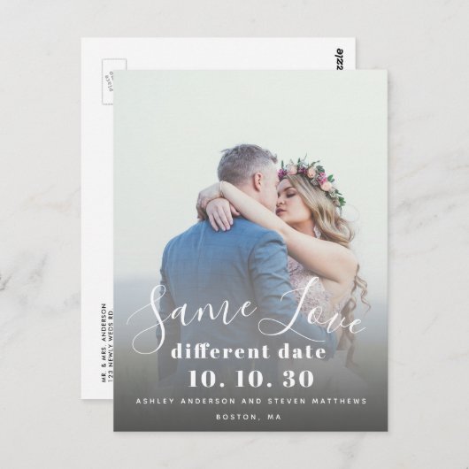 Same Love Hand Lettered Script Photo Save the Date ポストカード (正面/裏面)