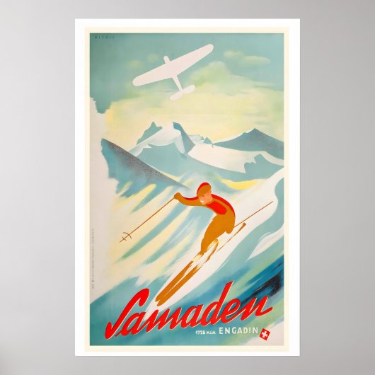 Samedan Engadin Switzerland Vintage Ski Poster ポスター (正面)