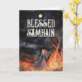 Samhain Night Fall Forest Pagan Bonfire Halloween カード (黄色い花)