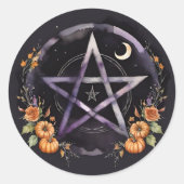 Samhain Pentacle & Fall Pumpkins Witch ラウンドシール (正面)