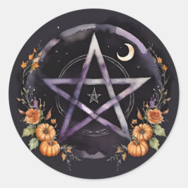 Samhain Pentacle & Fall Pumpkins Witch ラウンドシール