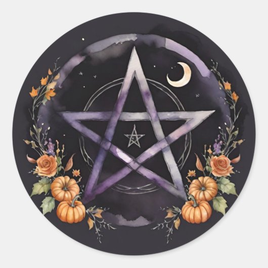 Samhain Pentacle & Fall Pumpkins Witch ラウンドシール (正面)