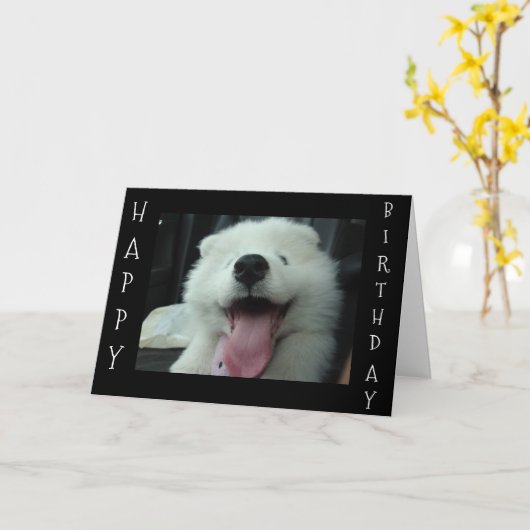 SAMOYEDが私のケ救ーキ/私は愛する私の誕生日の願いを言う カード (黄色い花)