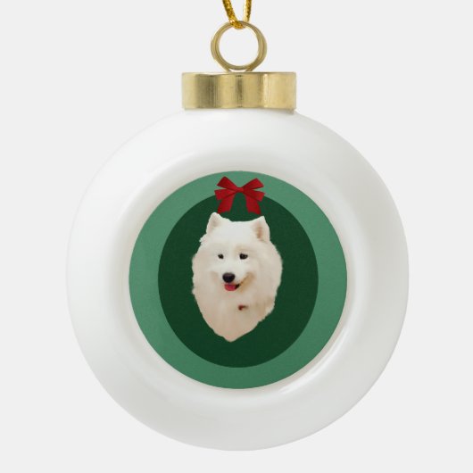 Samoyedのクリスマスの休日のオーナメント; 無署名 セラミックボールオーナメント (正面)