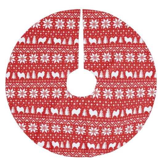 Samoyedはクリスマスパターン赤のシルエットを描きます ブラッシュドポリエステルツリースカート (正面)