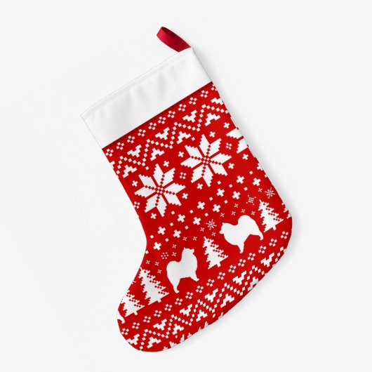 Samoyedは赤と白パターンSammiesのシルエットを描きます スモールクリスマスストッキング (裏面 (吊り時))