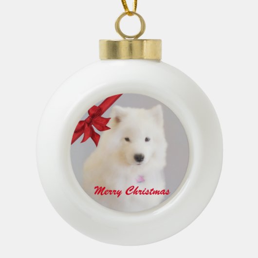 Samoyedクリスマスオーナメント；セラミックボール セラミックボールオーナメント (正面)