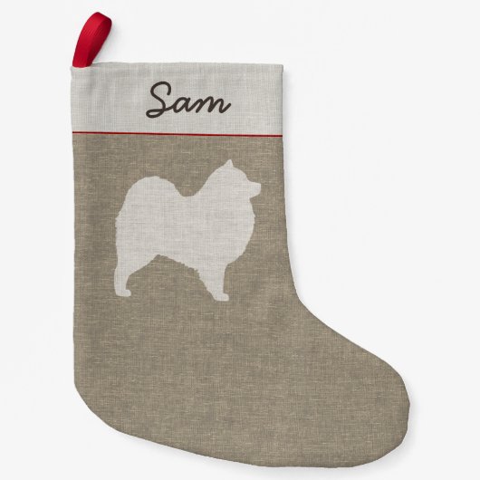 Samoyed犬のシルエットのパーソナライズな休日のクリスマス スモールクリスマスストッキング (正面)