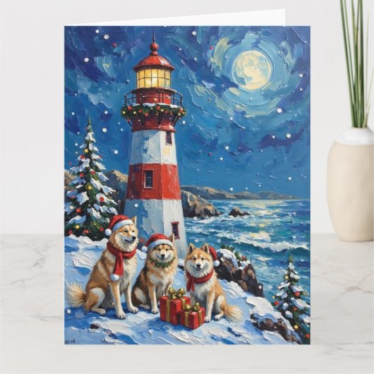 Samoyed Christmas Lighthouse Holiday カード (正面)