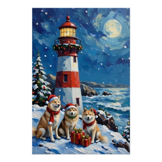 Samoyed Christmas Lighthouse Holiday ポスター (正面)