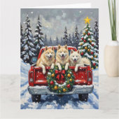 Samoyed Christmas Red Truck Holiday カード (正面)