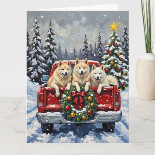 Samoyed Christmas Red Truck Holiday カード (正面)