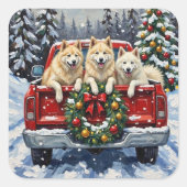 Samoyed Christmas Red Truck Holiday スクエアシール (正面)