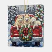 Samoyed Christmas Red Truck Holiday セラミックオーナメント (左)