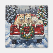 Samoyed Christmas Red Truck Holiday マグネット (正面)
