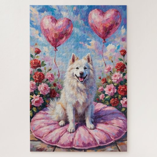 Samoyed Dog Valentine's Day Rose Picnic ジグソーパズル (縦)
