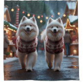 Samoyed Dogs Christmas Snow Holiday シャワーカーテン (正面)