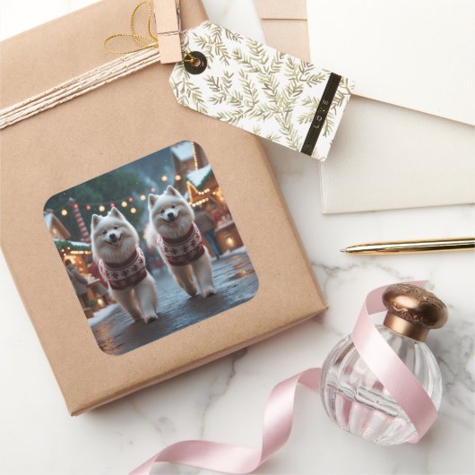 Samoyed Dogs Christmas Snow Holiday スクエアシール (ギフト)