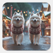 Samoyed Dogs Christmas Snow Holiday スクエアシール (正面)