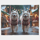 Samoyed Dogs Christmas Snow Holiday フリースブランケット (正面(横))