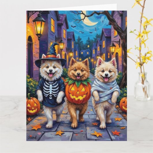 Samoyed Dogs Trick-or-Treating Halloween Costumes カード (黄色い花)