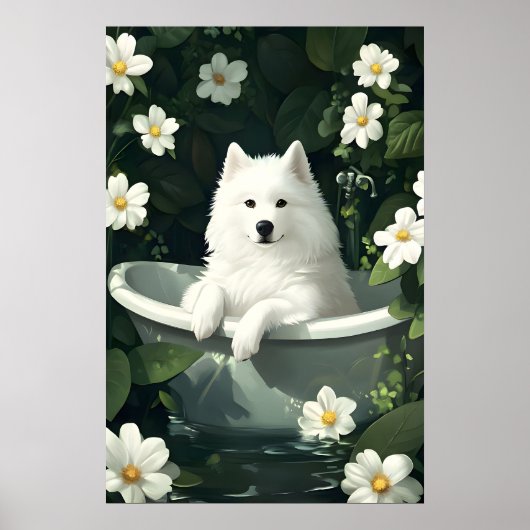 Samoyed In Bathtub Poster, Funny Dog Poster ポスター (正面)
