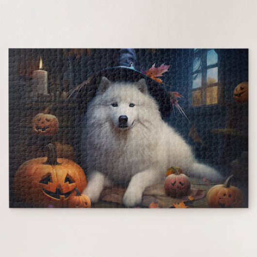 Samoyed Pumpkins Halloween Scary ジグソーパズル (横)