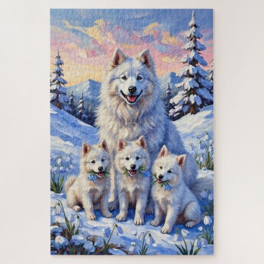 Samoyed Snowdrop Meadow Art ジグソーパズル (縦)