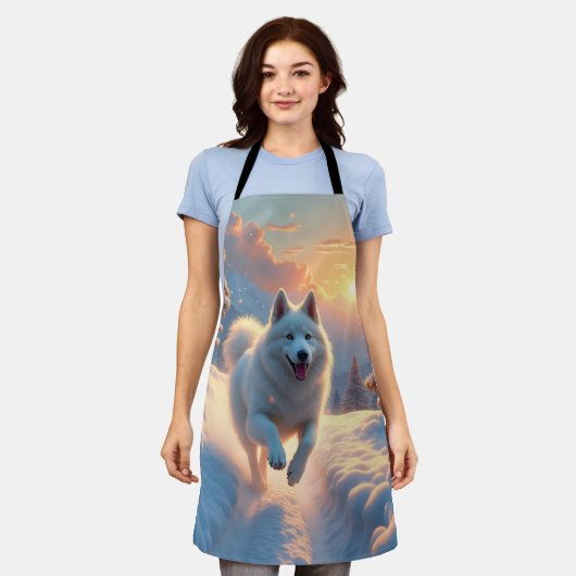 Samoyed Snowy Mountain Adventure Christmas エプロン (着用した状態)