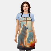 Samoyed Under the Mistletoe Christmas Painting エプロン (着用した状態)