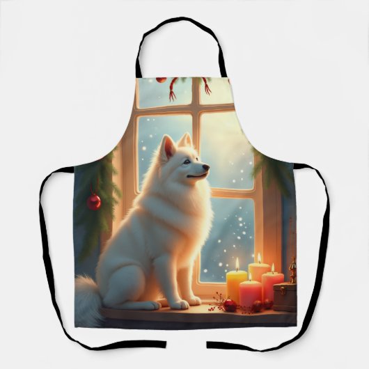 Samoyed Under the Mistletoe Christmas Painting エプロン (正面)