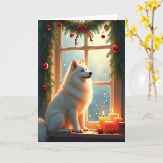 Samoyed Under the Mistletoe Christmas Painting カード (黄色い花)