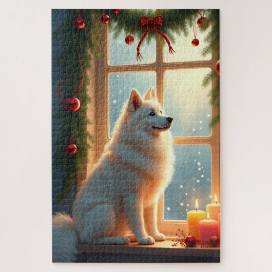 Samoyed Under the Mistletoe Christmas Painting ジグソーパズル (縦)