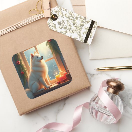 Samoyed Under the Mistletoe Christmas Painting スクエアシール (ギフト)