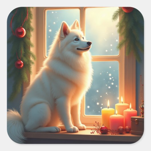 Samoyed Under the Mistletoe Christmas Painting スクエアシール (正面)