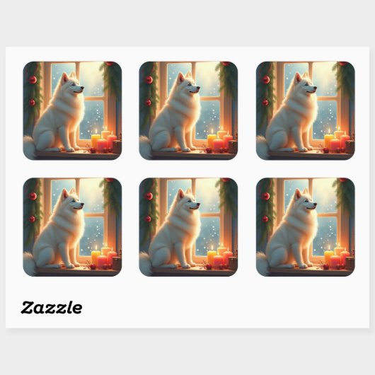 Samoyed Under the Mistletoe Christmas Painting スクエアシール (シート)