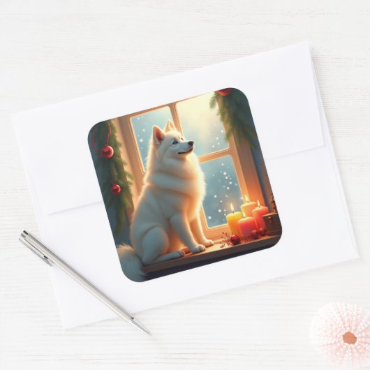 Samoyed Under the Mistletoe Christmas Painting スクエアシール (封筒)