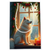 Samoyed Under the Mistletoe Christmas Painting ミディアムペーパーバッグ (正面)