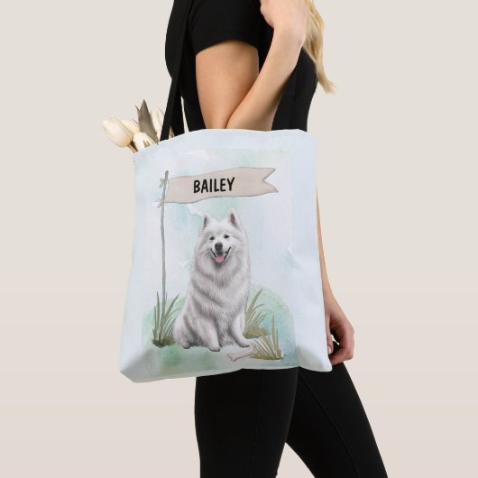 Samoyed Watercolor Personalized Dog トートバッグ (クローズアップ)
