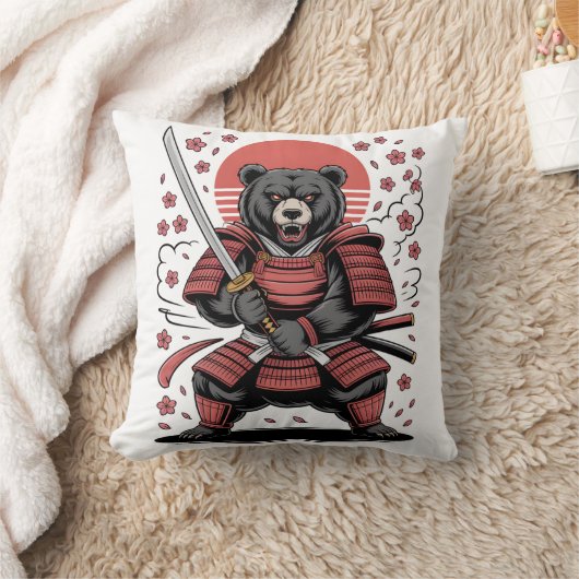 Samurai Bear Throw Pillow 16" x 16" クッション (ブランケット)