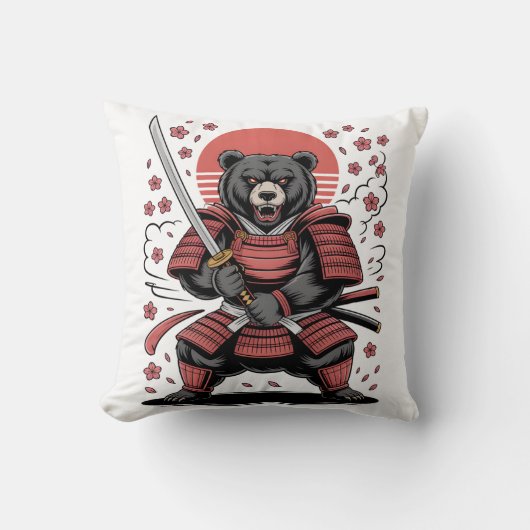 Samurai Bear Throw Pillow 16" x 16" クッション (正面)