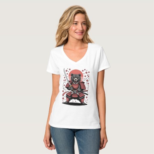 Samurai Bear Womens V-Neck T-Shirt Tシャツ (正面フル)