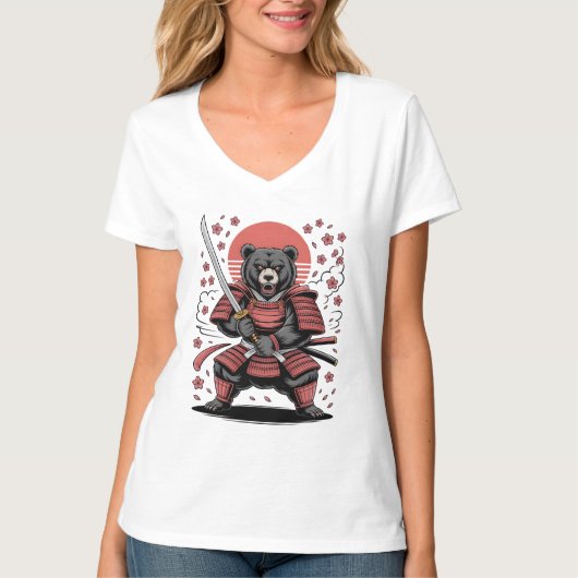 Samurai Bear  Womens V-Neck T-Shirt Tシャツ (正面)