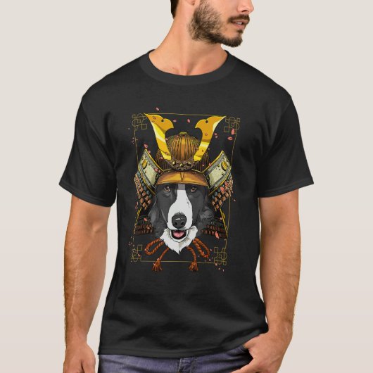 Samurai Border Collie Pet Dog  Japanese Warrior Bu Tシャツ (正面)