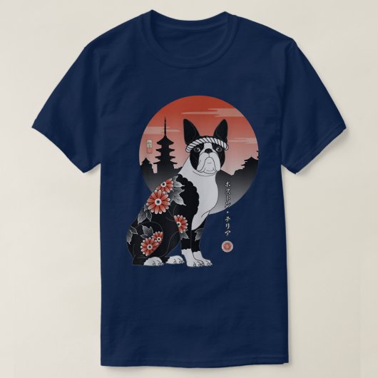 Samurai Boston Terrier Ukiyo-e Japanese Warrior Lo Tシャツ (デザイン正面)